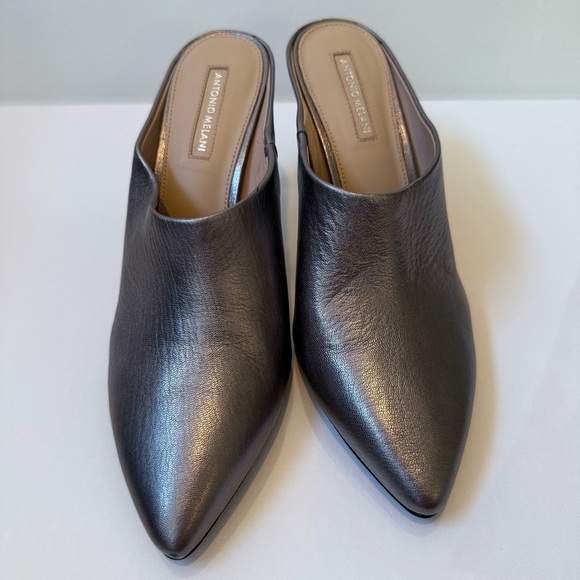ANTONIO MELANI Silver Pewter Leather Pointed Mule Heels 7.5 - Picture 2 of 12